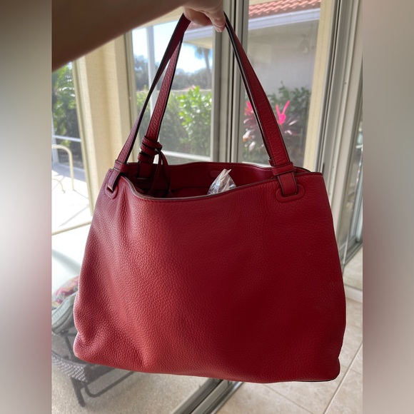 Tory Burch Red Thea Center-Zip Leather Hobo Tote Bag - Picture 2 of 16
